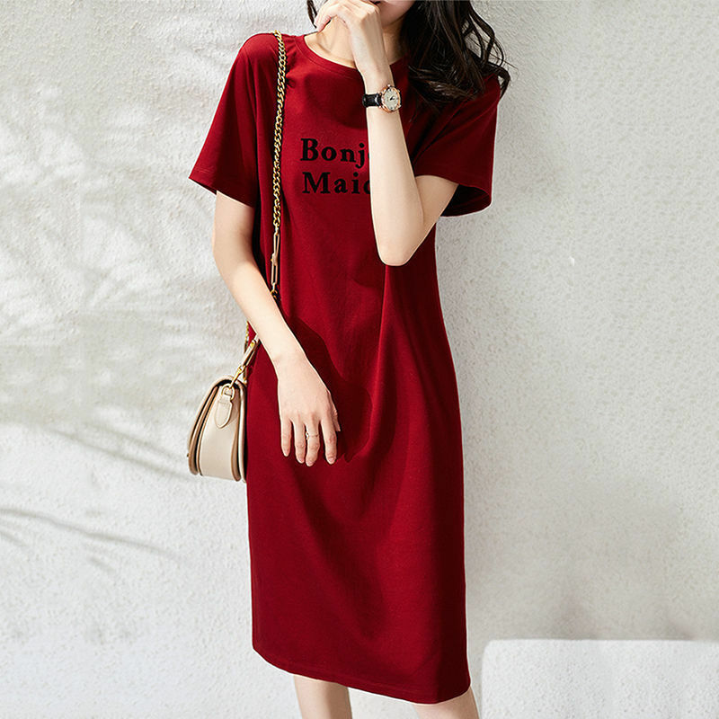 레터 프린트 기본 라운드넥 캐주얼 반팔 드레스, 한국 A라인 미디 원피스 출퇴근 여성복, 여름 신상