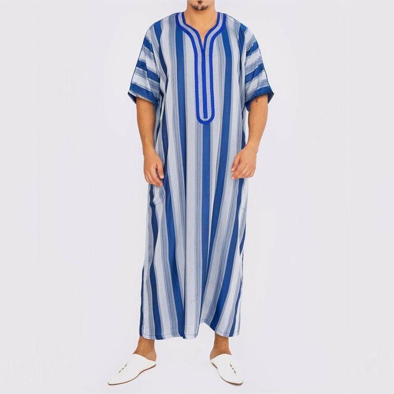 Мужской халат в традиционную мусульманскую полоску, свободная одежда на Средний Восток, в стиле Саудовской Аравии, ислама, однотонная одежда в мусульманском стиле с V-образным вырезом и рукавом до локтя
