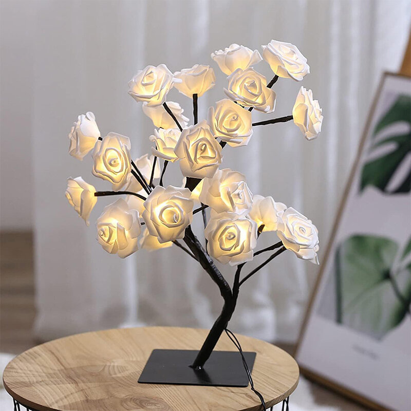 Lampu pohon mawar LED, lampu meja dekoratif mawar LED, lampu malam bertenaga USB, dekorasi dalam ruangan pesta Natal atau hadiah liburan 24 buah