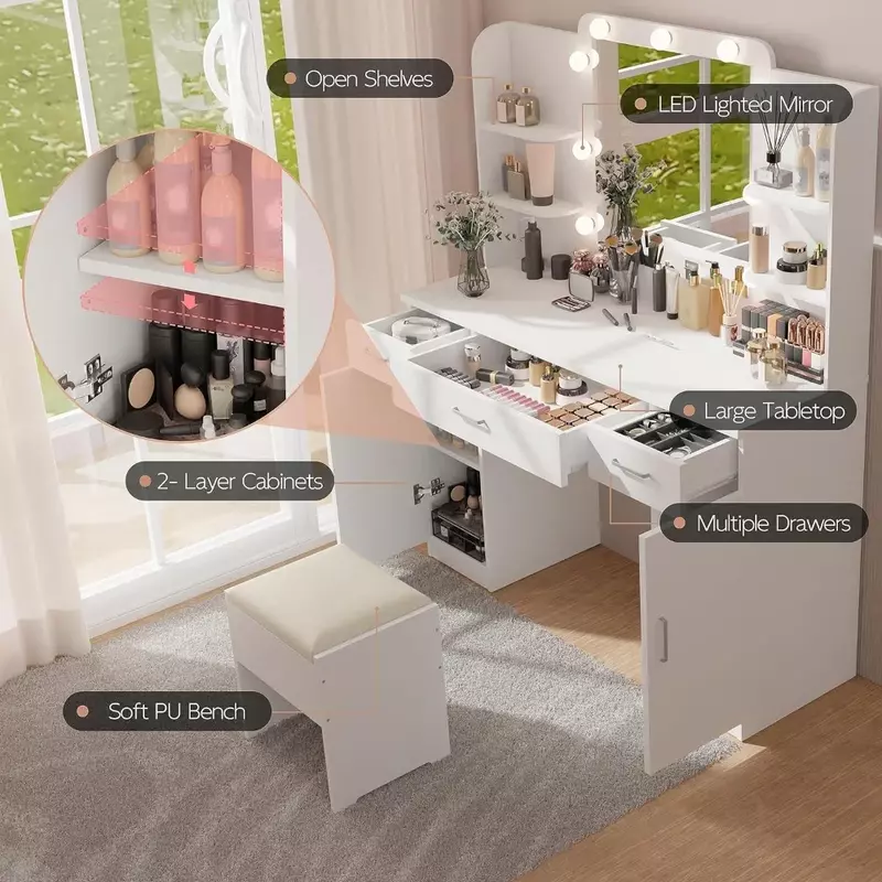 Vanity Desk with Mirror and Lights, 45.3" Vanity Set with Mirror and Stool, Large Makeup Vanity with Drawers and Cabine