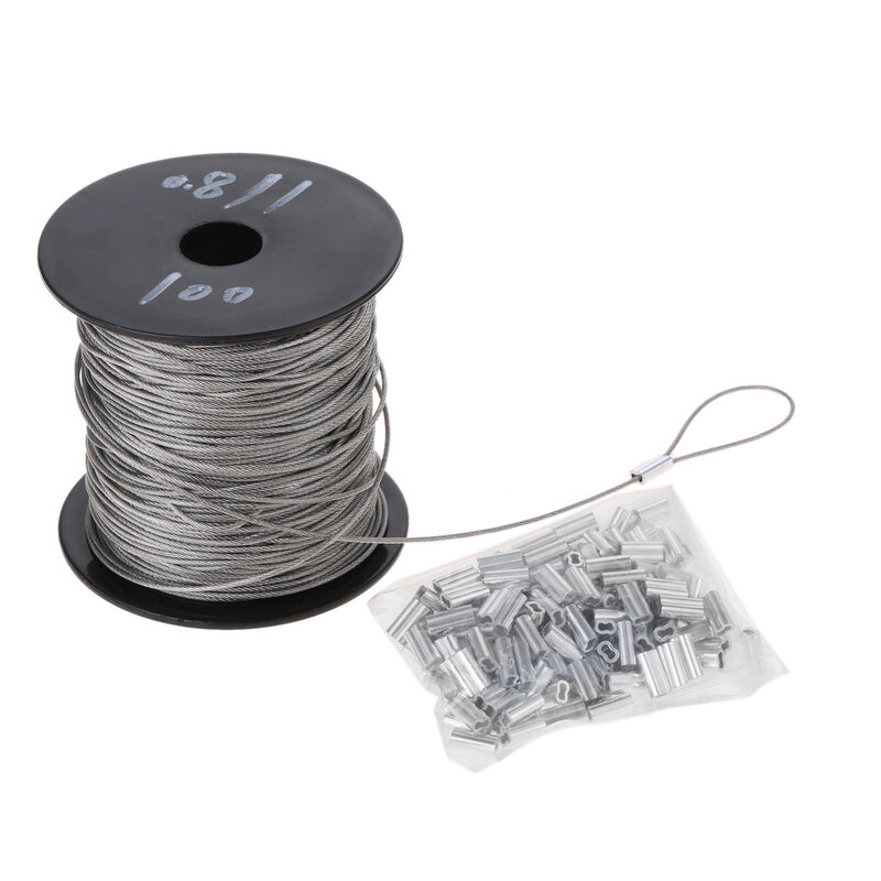 7x7 1mm Dia 304 Stainless Steel 100m Wire Coated Rope Fishing Clothesline Lifting with 150pcs Crimping Loop Sleeve Wire Rope Fix