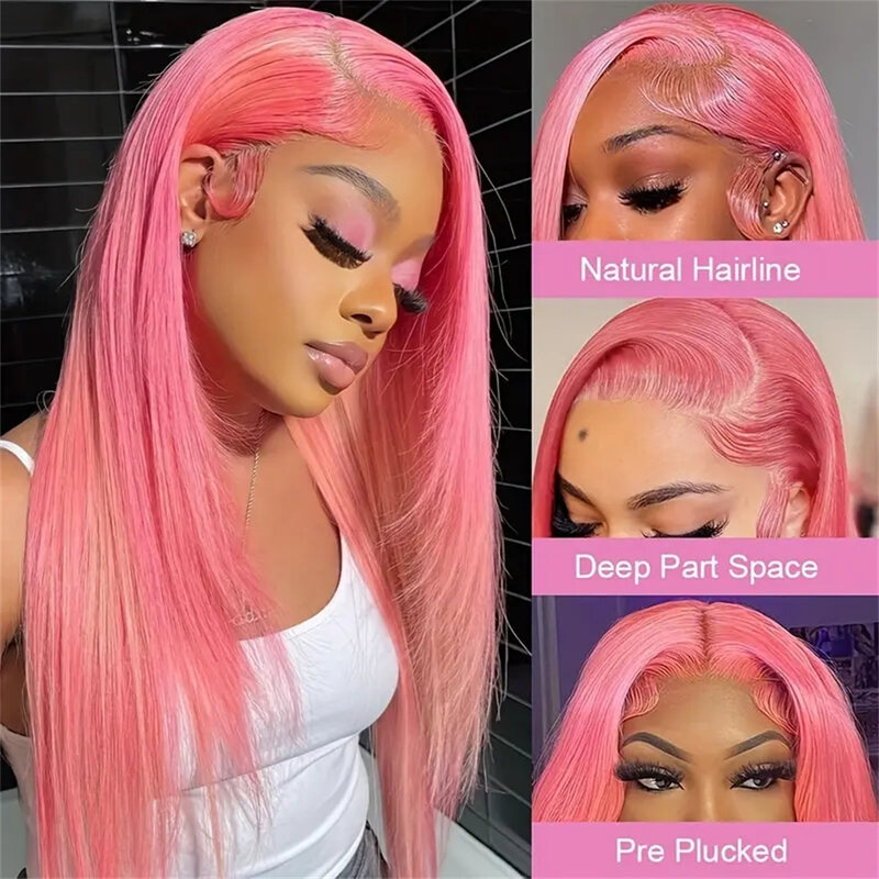 Peluca de cabello humano liso de hueso rosa para mujer, 13x4, 13x6, HD, transparente, sin pegamento