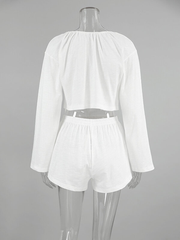 Marthaqiqi-Conjunto de pijama de algodón para mujer, ropa de dormir con cuello redondo, camisón de manga larga, Top corto con cordones, pantalones cortos
