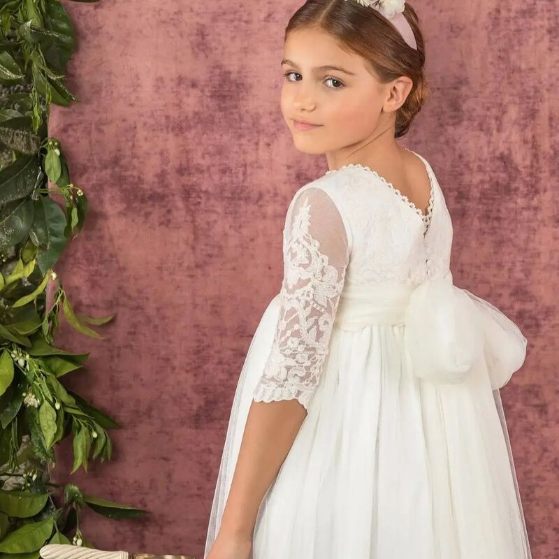 Fatapese kwiat dziewczynka dziecko sukienka koronka kwiatowy biała wstążka pas święty Primeracomunión księżniczka Bridemini Junior druhna ślub