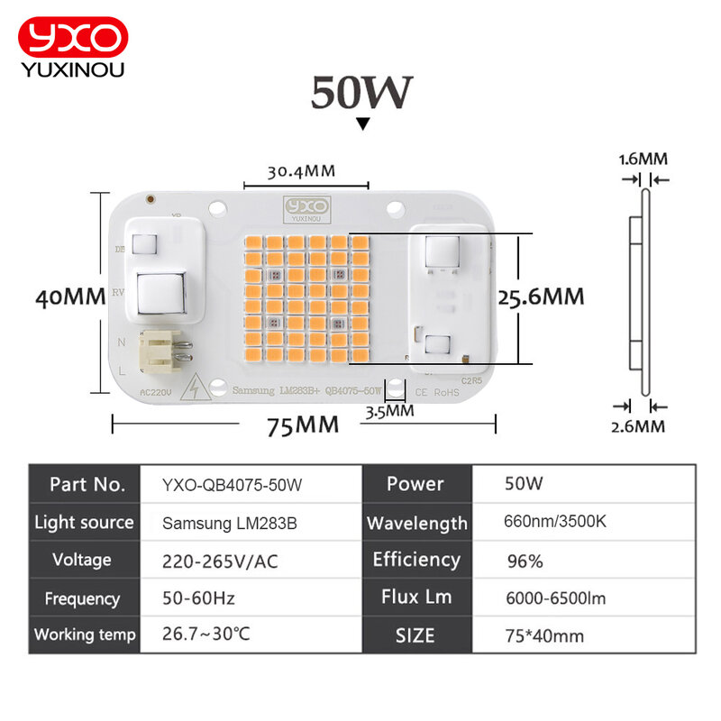 YXO-Chip de luz LED hidropónica para cultivo de plantas de interior, espectro completo 380nm-780nm, CA 220V, 20w, 30w, 50w, Dob Cob