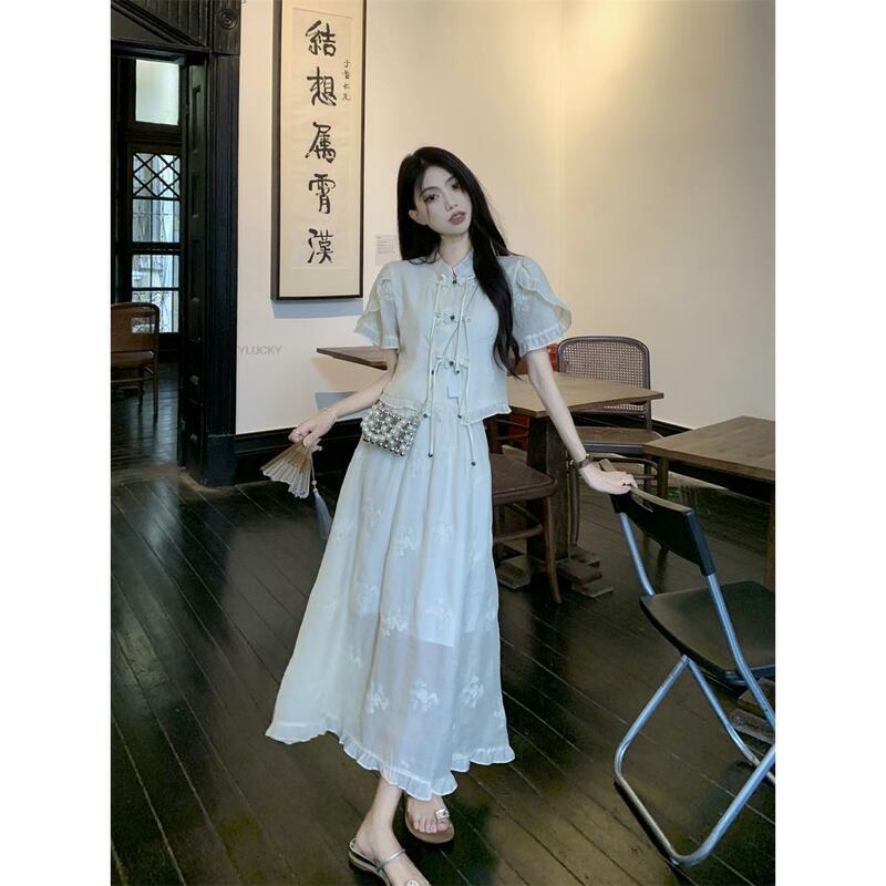 Nowy chiński styl damski zapinana z krótkim rękawem spódnica z wysokim stanem damski letni nowy modny ulepszony codzienny zestaw Hanfu