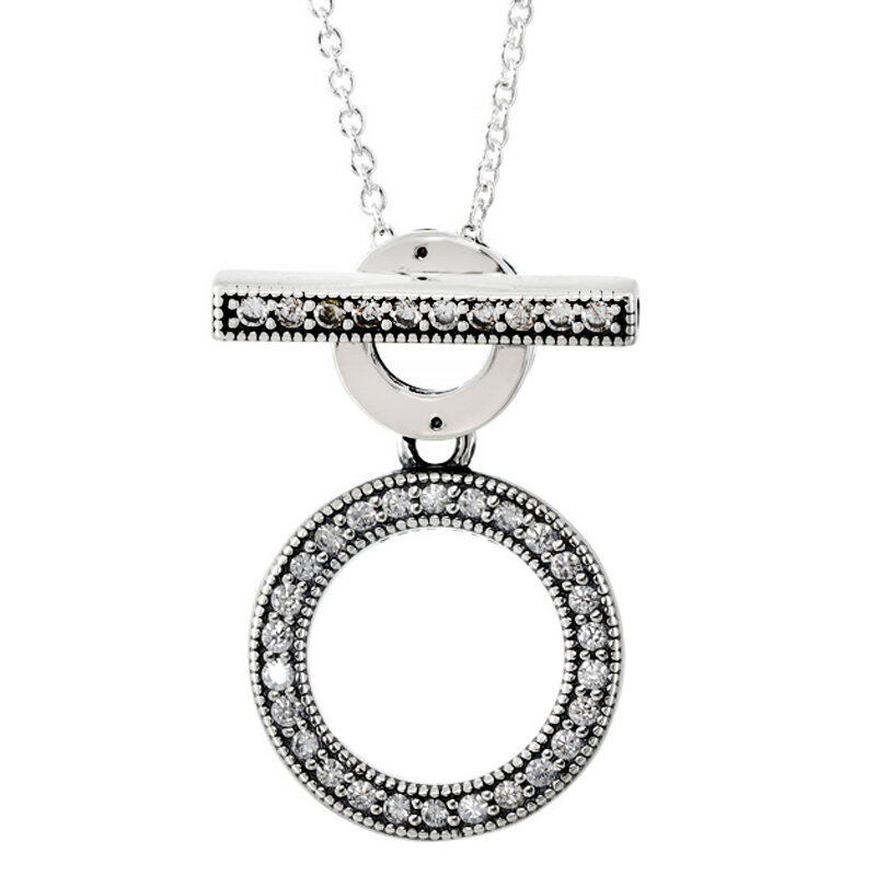 Two Circles O Pendant T-bar Signature Pave & Bead Statement Halo 925 Sterling Silver Necklace For Fashion Bead Charm DIY Jewelry