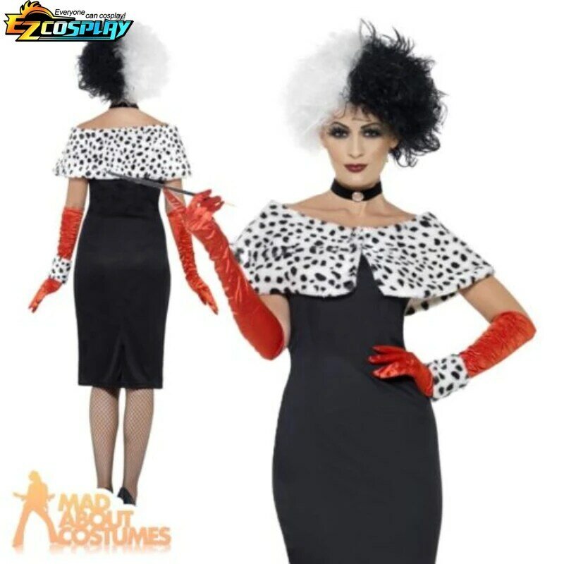 Cruella De Vil Cosplay Costume pour femme, robe de femme de chambre noire et blanche, tenues de fête d'Halloween, 4 styles