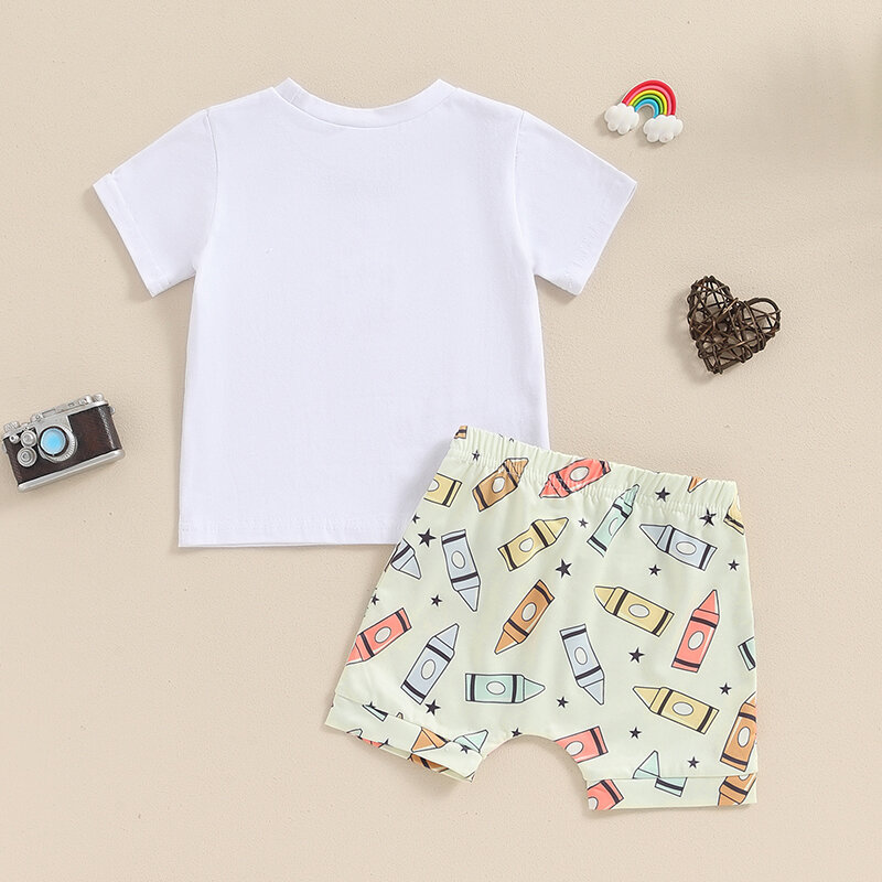 2024-03-29 lioraitiin Toddler Boys Clothes Set Short Sleeve Letters Print T-shirt with Fruit Crayon Print Shorts Summer Outfit
