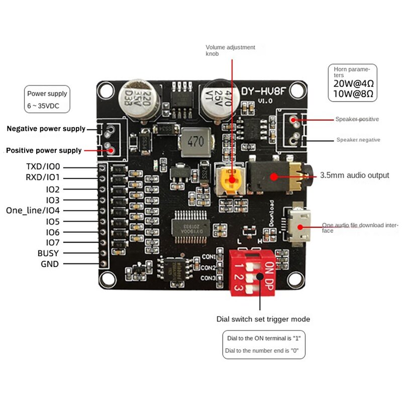 DY-HV8F modul pemutaran suara pemicu 12V/24V kontrol Port seri 10W/20W dengan penyimpanan Flash 8MB pemutar MP3 UNTUK Arduino