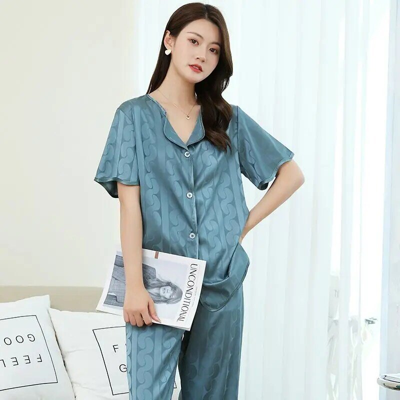 Conjunto de pijama de seda gelo manga curta, feminino, estilo perfumado loungewear, borda de bloqueio de cor, calça comprida pequena, nova, verão
