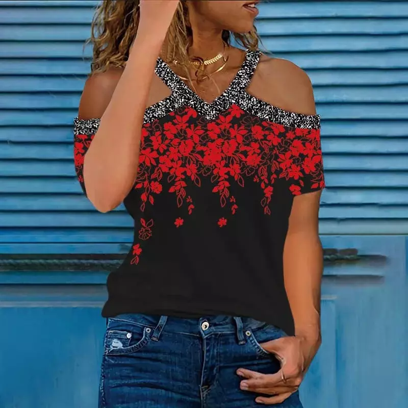Женская Повседневная футболка с коротким рукавом и цветочным принтом, мягкие и удобные летние топы без бретелек с V-образным вырезом, 2023