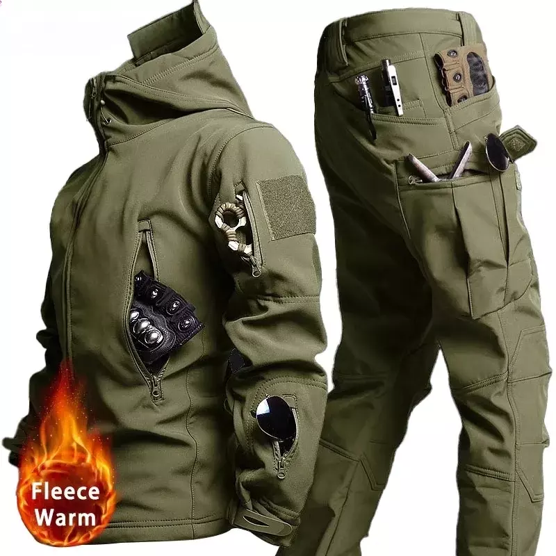 Tactical Waterproof Men Camo Set Soft Shell Fleece Winter Combat Suit Windbreak Warm Multi Pocket Outdoors Training Uniform