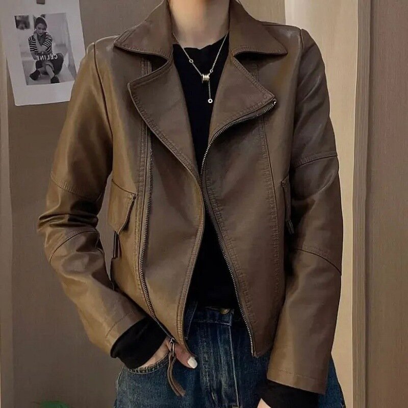 New Lapel Short Zipper Leather Jacket Womens Spring Windproof Motorcycle Coat Trend Loose Large Size Solid PU Jacket Outwear Top