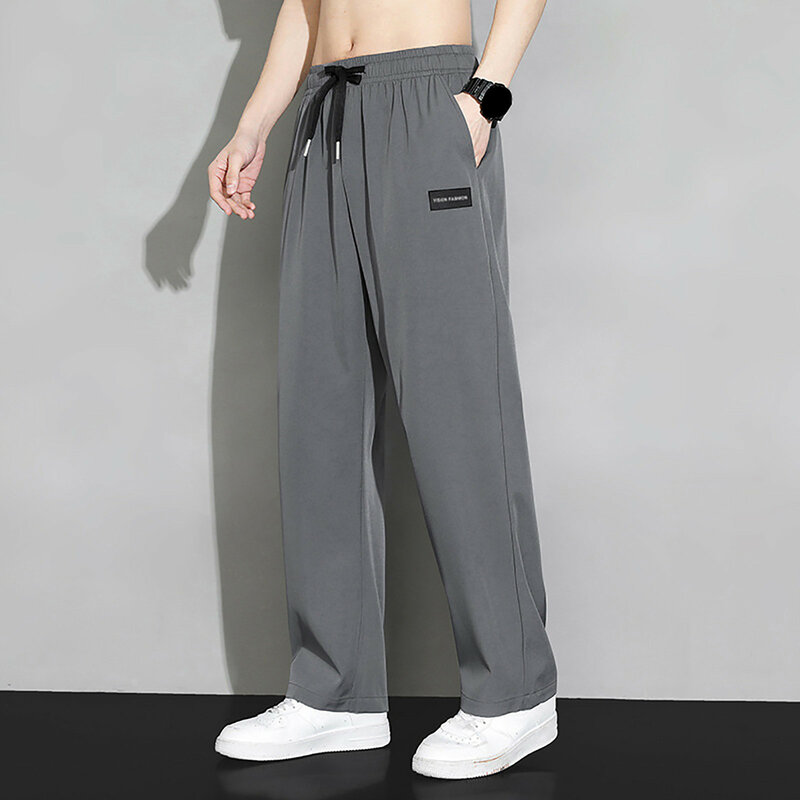 1960s Harajuku Style Men Trendy Fashion Long Pants Solid Color Summer Casual Straight Cylinder Design Ice Silk Material