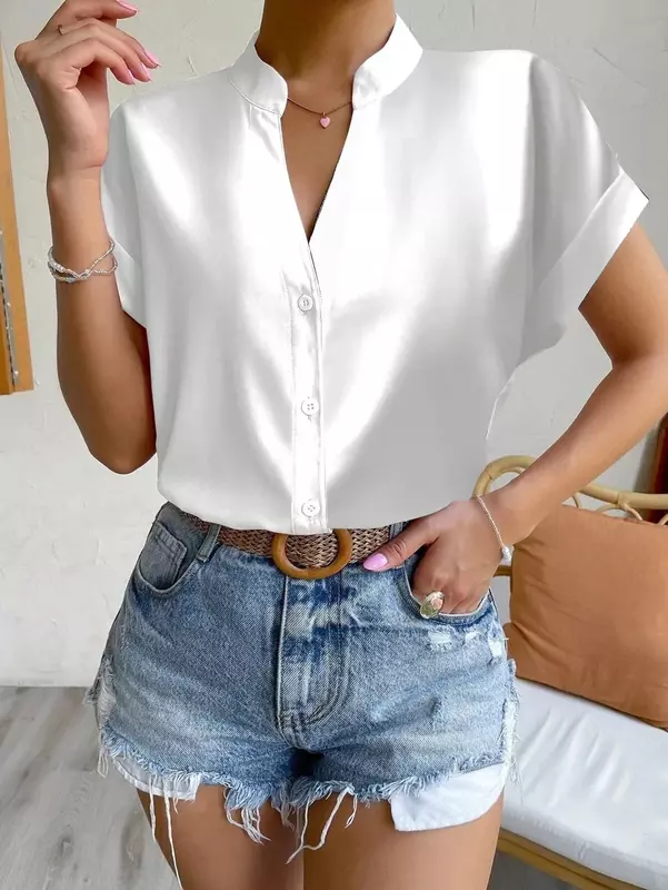 Women's Summer Solid Simple V-neck Short Sleeve Shirt 2023 Women's Casual Green Single Breasted Office Shirt   Blusas Y Camisas