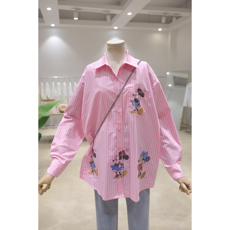 Potdemiel-Blusa holgada de algodón para mujer, camisa de manga larga con estampado de dibujos animados a rayas, longitud media, 2024