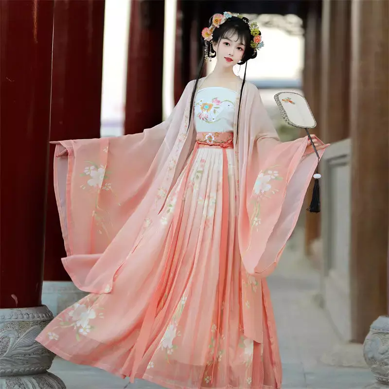 Hanfu ชุดกระโปรงสำหรับผู้หญิงชุดเต้นรำปักลายแบบโบราณชุดชุดโบราณนางฟ้าคอสเพลย์ราชวงศ์ถัง