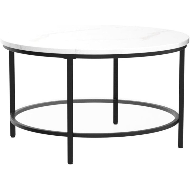 YITAHOME White Marble Round Coffee Table with Glass for Living Room, 2-Tier Circle Coffee Table with Storage Clear Coffee Table