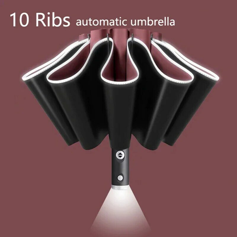 Ombrello UV completamente automatico con torcia a LED a strisce riflettenti Reverse grandi ombrelli per ombrellone con isolamento termico del sole della pioggia