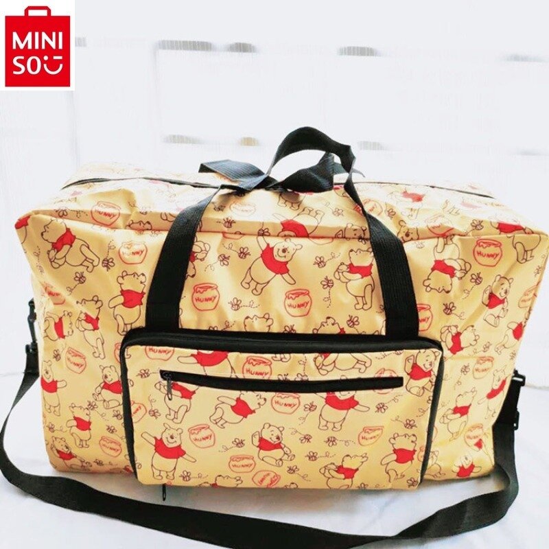 MINISO tas traveling lipat untuk wanita, tas jinjing ringan kapasitas besar motif kartun lucu, tas bepergian lipat untuk wanita