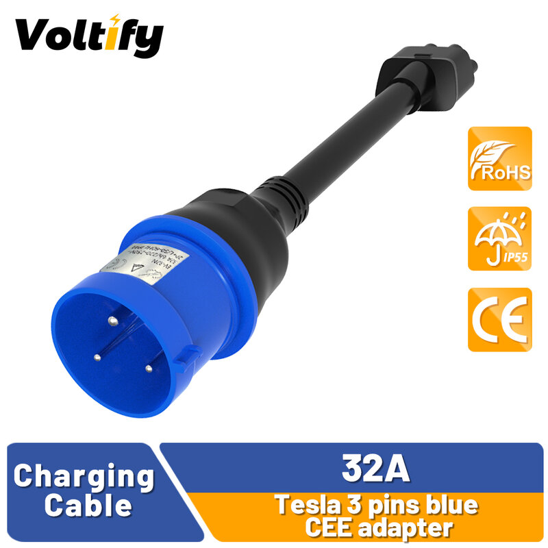 Tesla 3pin Blue CEE Adapter Tesla Model S,3,X,Y Gen 2 Ev Charger Extension Cord Connector 240V Outlet at 32A 10inch