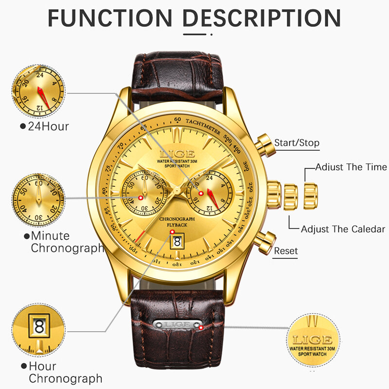 LIGE-Relógio de pulseira de couro impermeável masculino, cronógrafo quartzo, relógio de pulso, marca de luxo, moda esportiva