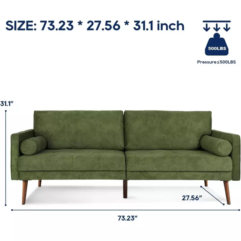 Velvet Sofa Couch, Mid Century Modern Craftsmanship 3-Seater Sofa with Comfy Tufted Back Cushions and 2 Bolster Pillows