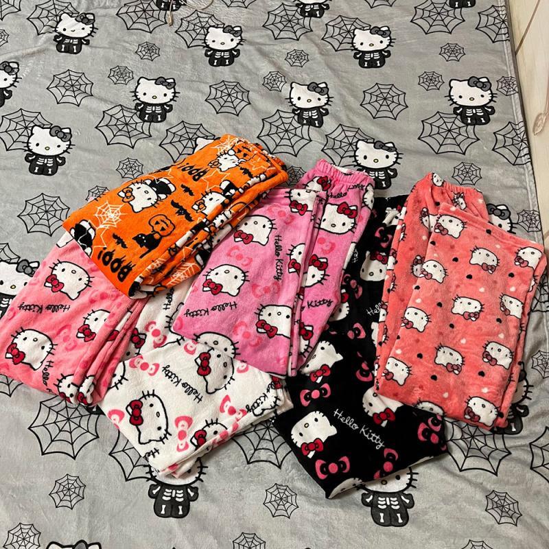 Sanrio Hello Kitty calça anime japonesa para mulheres, pijama de flanela doméstica, calça casual quente espessada, presente de Natal e Dia das Bruxas