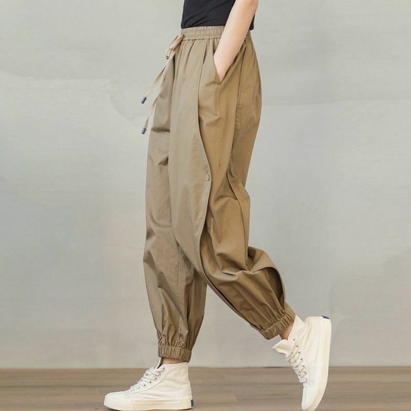 Pantalones informales de cintura alta para mujer, Pantalón liso elástico con cordón y botones empalmados, estilo Safari, primavera y verano