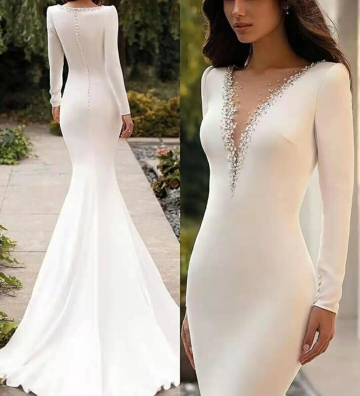 Sexy Zipper V-Neck Satin Mermaid Long Sleeve Lace Wedding Dress Pleated Sweep Train Maxi Bridal Gowns vestidos de novia 2024