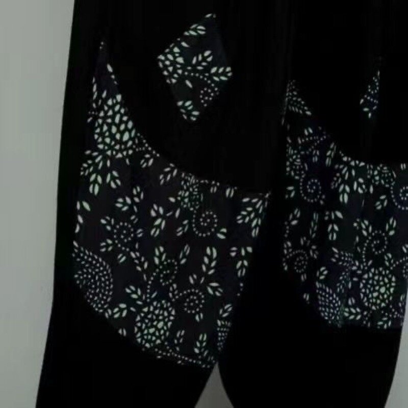 Pantalon lanterne floral style ethnique pour femme, coton noir, lin, élastique, taille haute, poche, décontracté, printemps, été