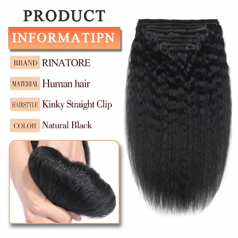 Kinky Straight Clip em extensões de cabelo para mulheres, cabelo humano real, preto natural, sem costura Clip Ins, Remy