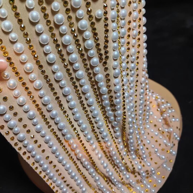 Vestido largo de encaje transparente con lentejuelas de perlas de diamante, traje Sexy personalizado, plumas de agua, envoltura de diamantes en la cadera