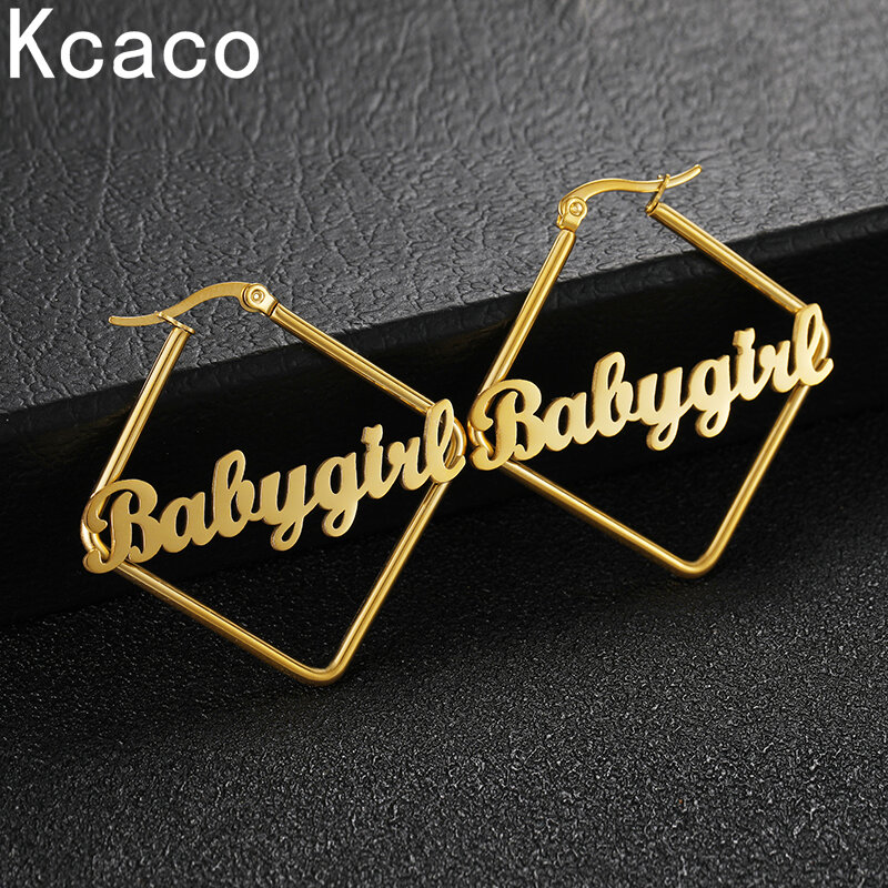 Kcaco Personalized Stainless Steel Girls' Name Hoops Earrings Custom Letters Square Earrings Unique Birthday Party Gifts Jewelry