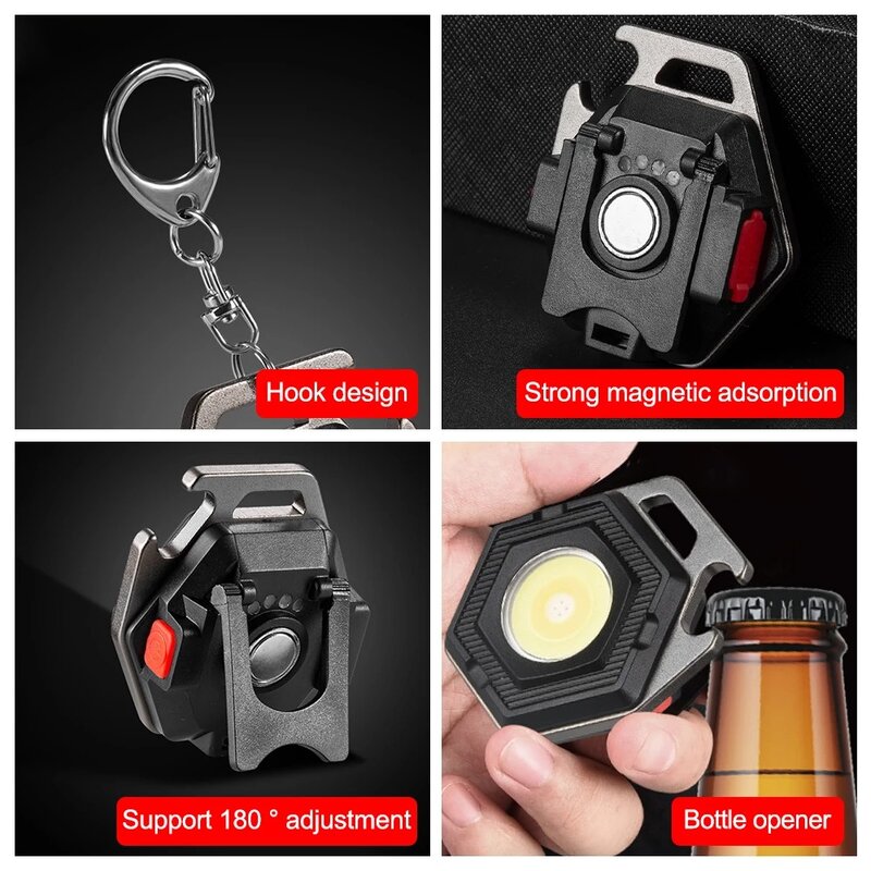 Portable LED COB Work Light Mini Keychain Flashlight Rechargeable Power Display Strong Light Camping Lantern Bottle Opener