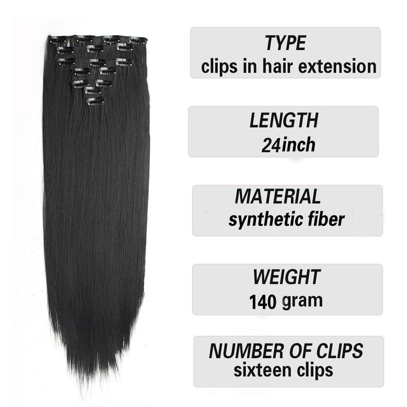 Long Straight Synthetic 16 Clips In Hair Extensions 7Pcs/Set High Temperature Fiber Black Brown Blonde Hairpiece For Women