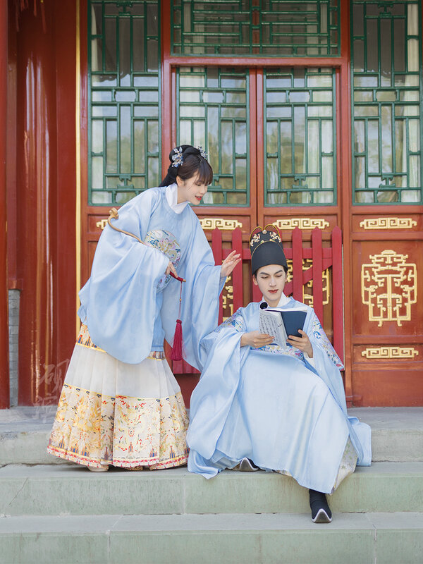 Vestido chinês de pescoço redondo hanfu para mulheres, estilo casal, vestido de noiva elegante, saia de cavalo, festa casual, baile e feriado, dinastia Ming