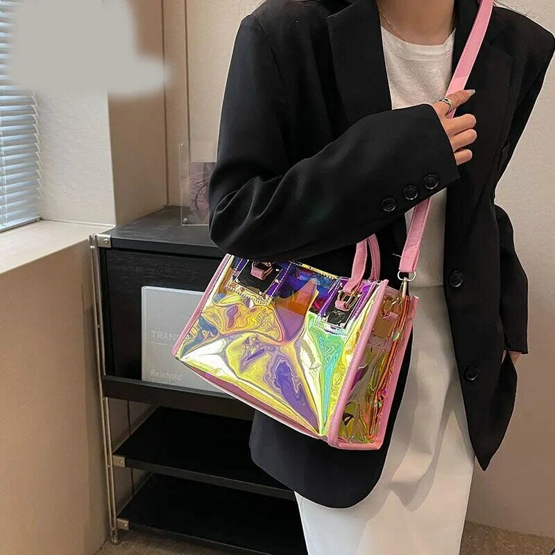 Hochwertige tragbare transparente Tasche aus Laser gelee für Frauen mit rechteckiger, diagonaler Umhängetasche mit großer Kapazität