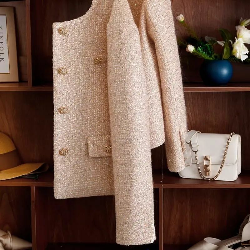 Jaket wol crop mewah kelas atas, jaket aroma kecil wanita, mantel wol baris tunggal, mantel pakaian kantor wanita Korea baru
