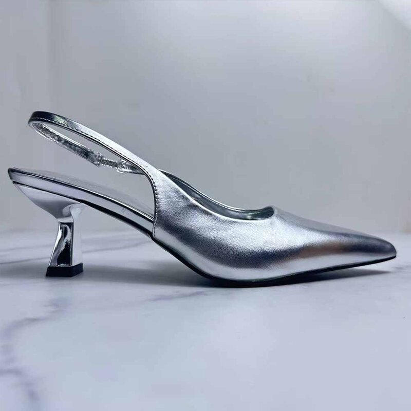New 2024 Women's Shoes Silver Metal Pointed Open-heeled Sandals High Heels Joker Single Shoes Women