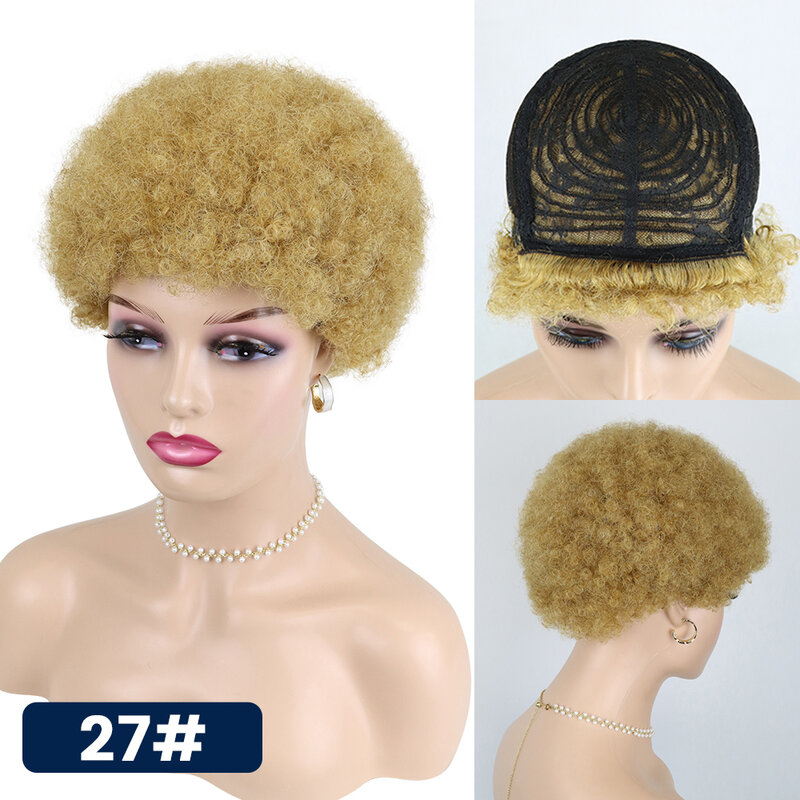 Pelucas de cabello humano Afro corto y rizado para mujeres negras, peluquín Afro esponjoso con flequillo, corte Pixie, brasileño, Remy, sin pegamento