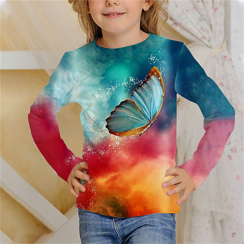 T-shirt à manches longues imprimé papillon pour enfants, t-shirts de dessin animé, vêtements pour enfants, mode fille, automne, 2 à 6 ans