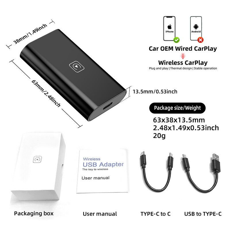 TIMEKNOW-adaptador CarPlay inalámbrico para Apple iPhone, Dongle con cable a inalámbrico, conexión USB Plug And Play, Dongle para coche