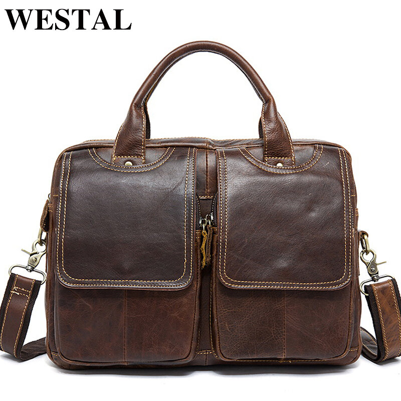 Портфель WESTAL мужской из натуральной кожи, сумка-тоут для ноутбука, Офисная Сумка для документов, мессенджер, 8002