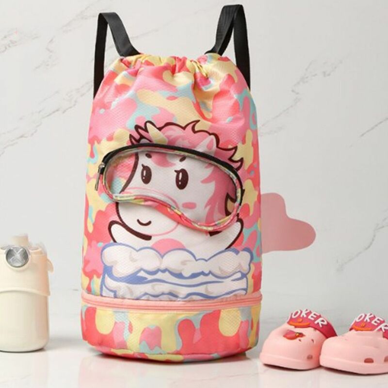 Portable Drawstring Swim Bag Double Shoulder Cartoon Sports Fitness Bag Dry Wet Separated Large Capacity