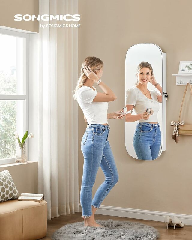 SONGMICS Jewelry Organizer, LED Jewelry Cabinet Wall or Door Mounted, Lockable Rounded Wide Mirror with Storage, Interior Mirror