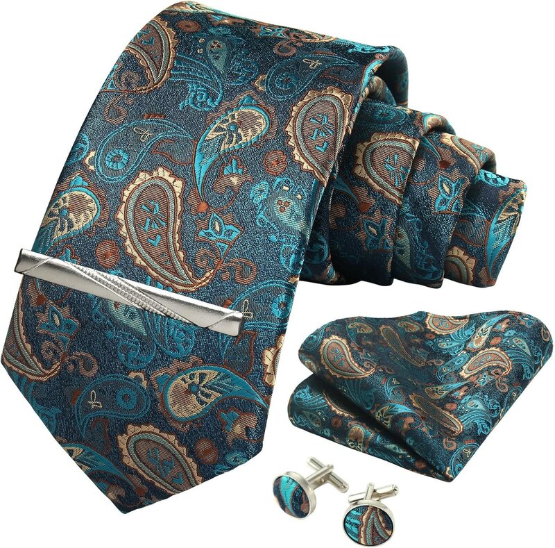 100% cravatta di seta Paisley Floral Mens Tie Top Quality Business Tie Pocket Square Tie Clip gemelli Set Classic For Men Gift Box