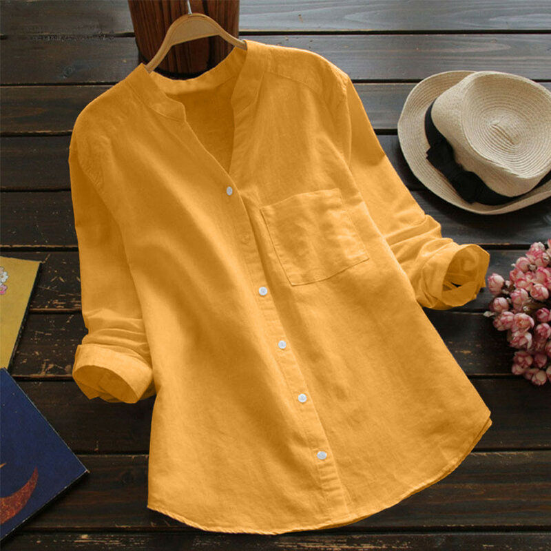 Chemisier boutonné en coton et lin pour femme, chemise confortable, col en V, couleur unie, poches, été, nouveau
