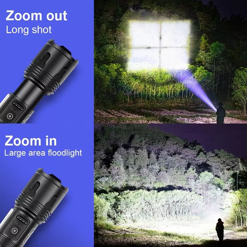 XHP70+COB Dual Light Source LED Flashlight with Power Bank Zoom External Battery Flash Light USB Charging 18650 26650 Battery